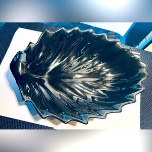 Vintage Black Ceramic Pottery, Art Deco Leaf Bowl With Curled Handle